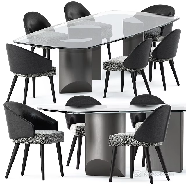 Modern Dining Table Set With Glass Top Metal Base And Upholstered Chairs 3d model 