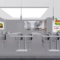 Modern Restaurant Interior Design With White Tables Chairs Order Counter And Menu Screens