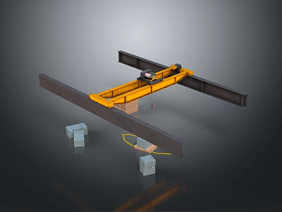 Yellow Overhead Crane With Black Support Beam And Gray Cargo Boxes In Industrial Setting 3d model