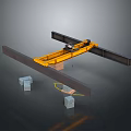 Yellow Overhead Crane With Black Support Beam And Gray Cargo Boxes In Industrial Setting