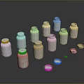 Household Items Collection Of White And Pink Bottles With Caps And A Yellow Pill