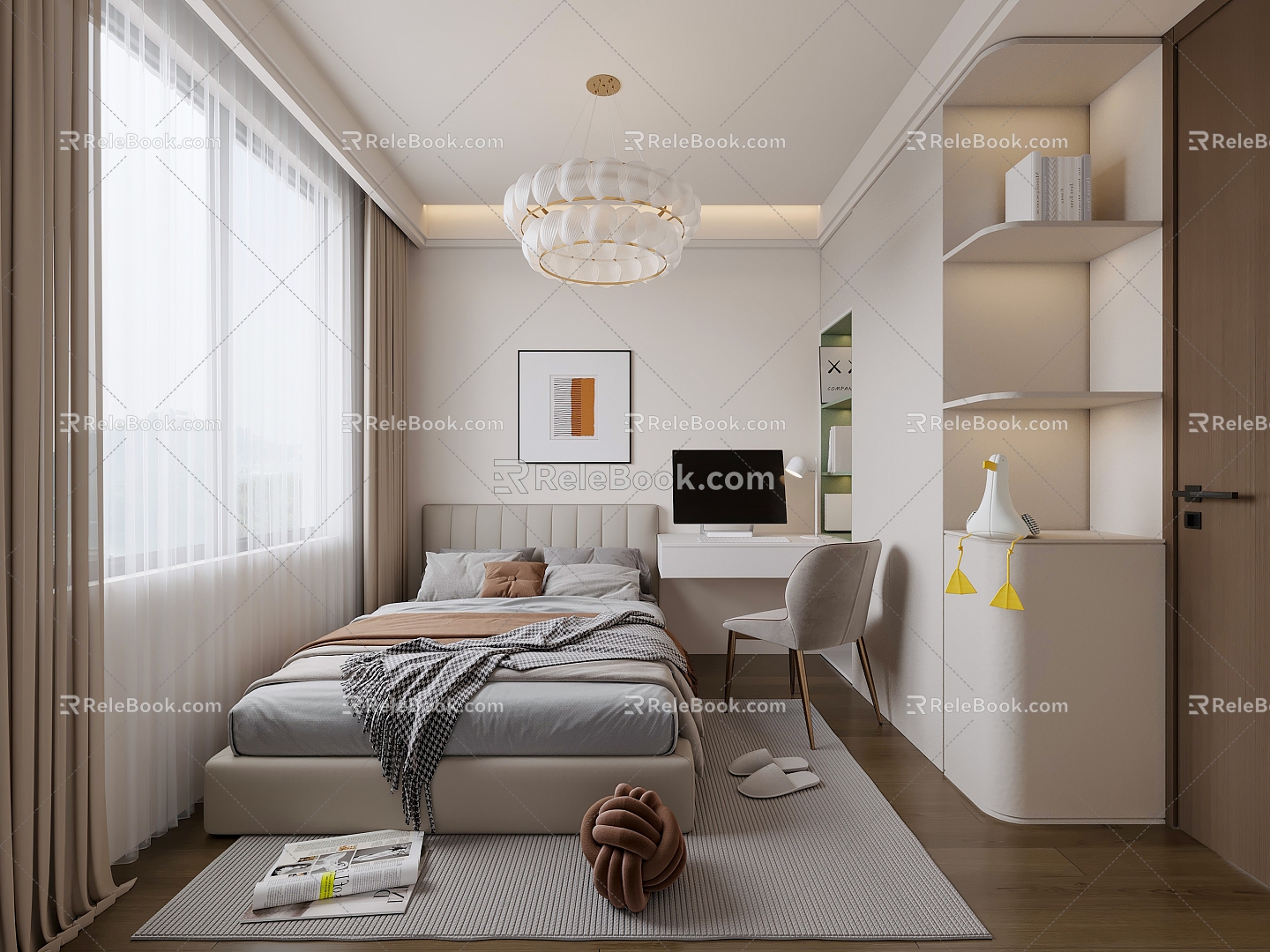 Simple Cream Bedroom Guest Room Master Bedroom Children's Room Desk Wardrobe Chandelier Curtain Hanging Picture Computer 3d model