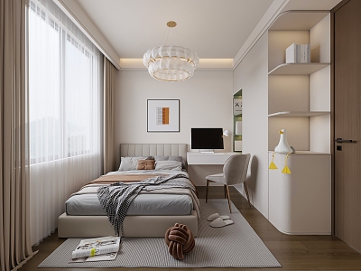 Simple Cream Bedroom Guest Room Master Bedroom Children's Room Desk Wardrobe Chandelier Curtain Hanging Picture Computer 3d model