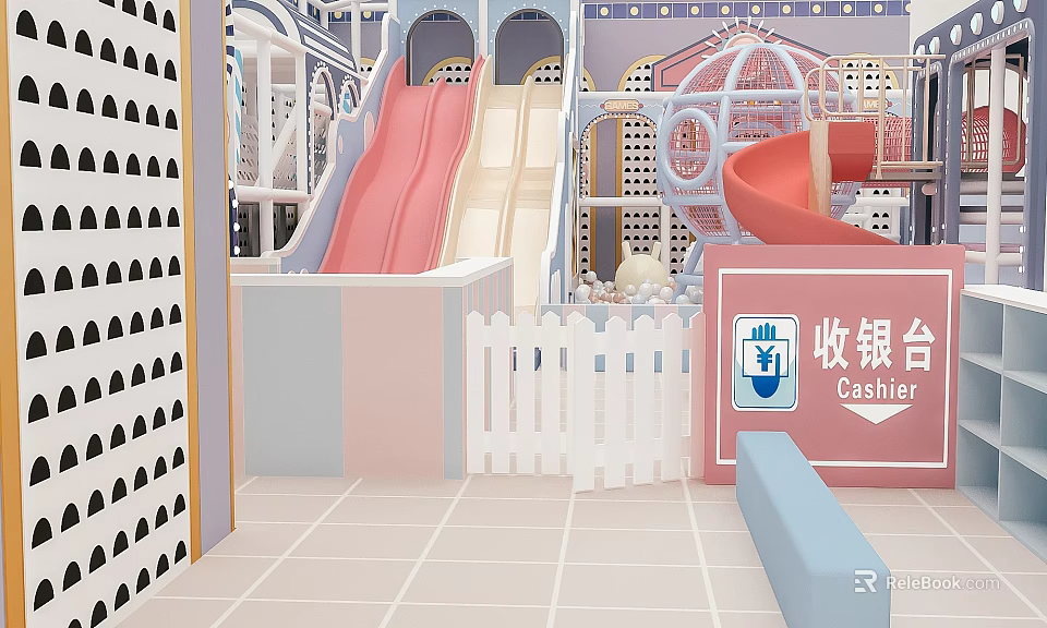 Colorful Kids Playground With Pink Beige Slides Castle Like Structures White Picket Fence And Cashier 3d model 