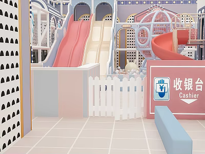Colorful Kids Playground With Pink Beige Slides Castle Like Structures White Picket Fence And Cashier 3d model