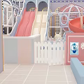 Colorful Kids Playground With Pink Beige Slides Castle Like Structures White Picket Fence And Cashier