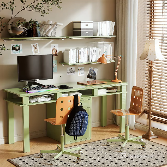 Green Desk With Computer Desk Lamp Orange Polka Dot Chairs Wall Bookshelves And Floor Lamp 3d model 