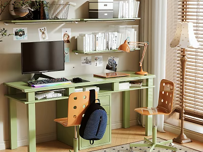 Green Desk With Computer Desk Lamp Orange Polka Dot Chairs Wall Bookshelves And Floor Lamp 3d model
