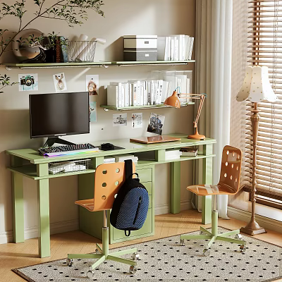 Green Desk With Computer Desk Lamp Orange Polka Dot Chairs Wall Bookshelves And Floor Lamp 3d model