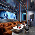 Modern KTV Room Interior With Large Screen Leather Sofa And Ambient Lighting