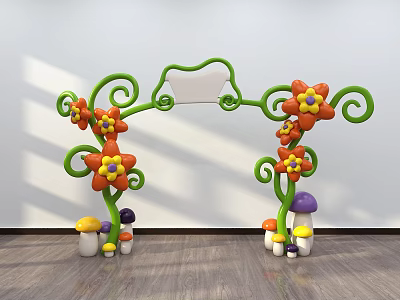 Green Decorative Door Arch With Curly Vines Orange Flowers And Colorful Mushrooms 3d model