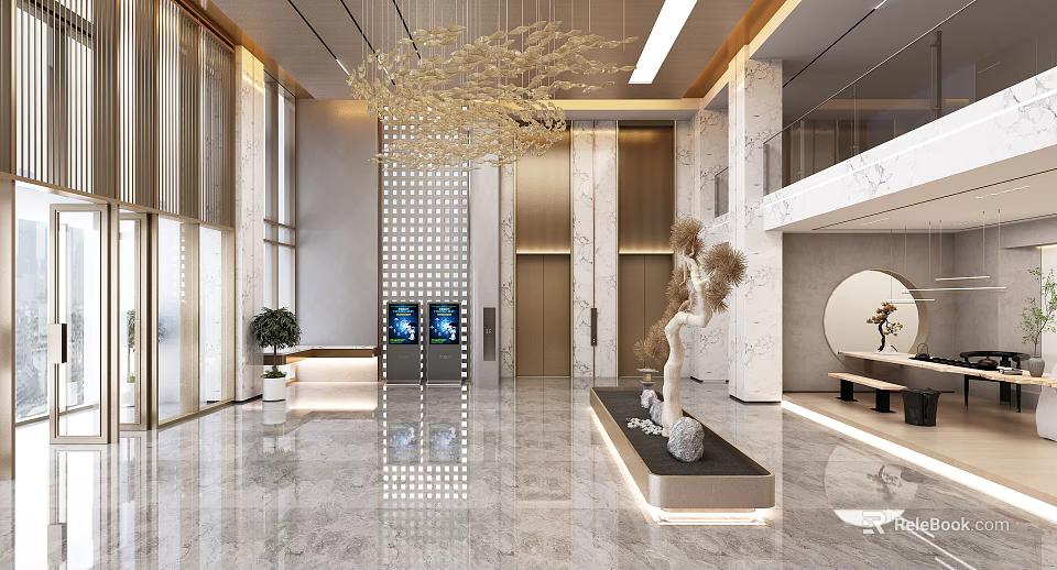 Modern Hotel Lobby Interior Design With Elegant Chandelier Marble Floor And Decorative Tree 3d model 