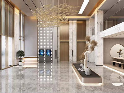 Modern Hotel Lobby Interior Design With Elegant Chandelier Marble Floor And Decorative Tree 3d model