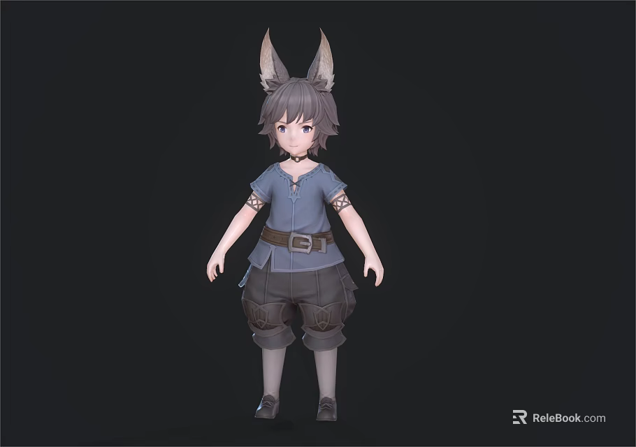 3D Model of Young Man with Gray Hair Blue Shirt Brown Shorts and Animal Ears on Head 3d model 