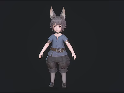 3D Model of Young Man with Gray Hair Blue Shirt Brown Shorts and Animal Ears on Head 3d model