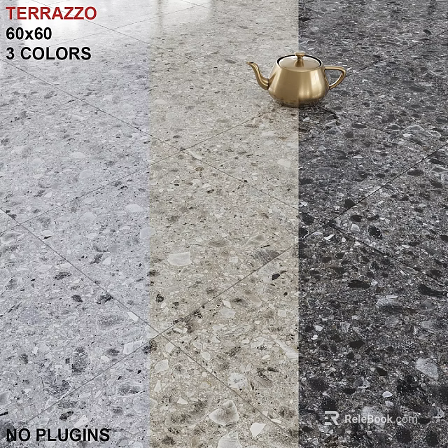 Polished Terrazzo Floor Tiles Three Color Options With Gold Teapot Decoration 3d model 