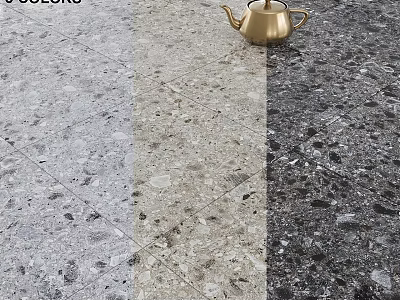 Polished Terrazzo Floor Tiles Three Color Options With Gold Teapot Decoration 3d model