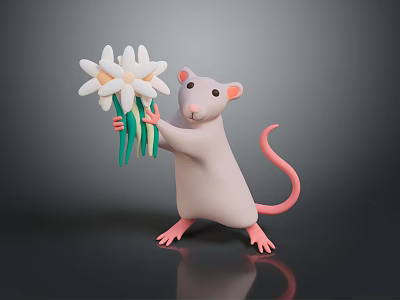 Standing Cute Rat Holding White Flowers With Green Stems On Reflective Surface 3d model