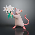 Standing Cute Rat Holding White Flowers With Green Stems On Reflective Surface