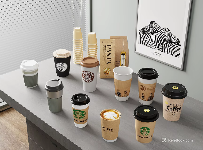 Various Branded Paper Coffee Cups With Lids On Table And Other Items 3d model 