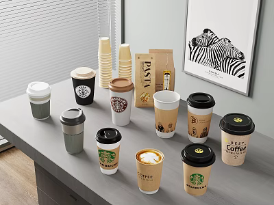 Various Branded Paper Coffee Cups With Lids On Table And Other Items 3d model