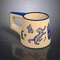 Beige Mug With Blue Handle And Decorative Patterns Of Butterfly Cat Moon Star And Hand