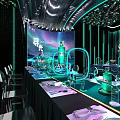 Futuristic Banquet Hall With Long Dining Tables Chairs Large Screen Projection And Teal Lighting