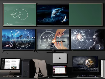 Television Screens Displaying Earth Technology Cityscape And Digital Interfaces 3d model