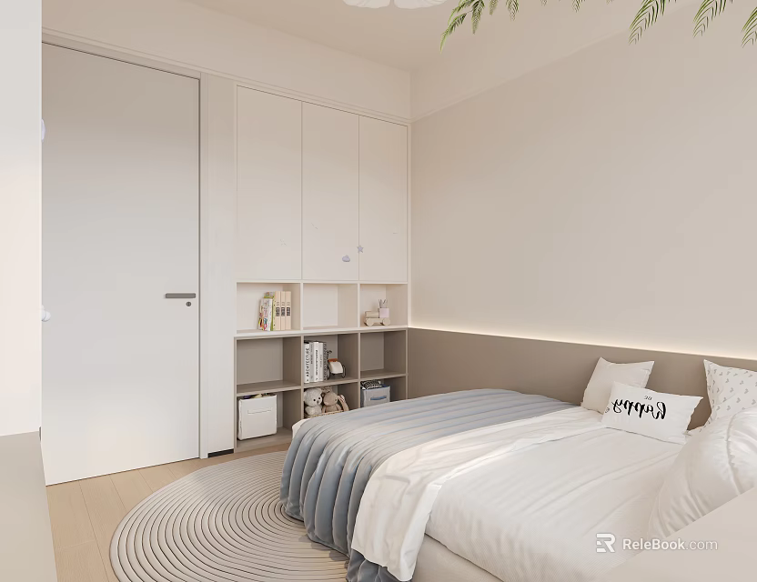 Kids Room Interior With White Cabinets Bed Gray White Bedding Round Rug And Potted Plant 3d model 