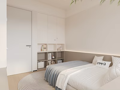 Kids Room Interior With White Cabinets Bed Gray White Bedding Round Rug And Potted Plant 3d model
