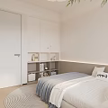 Kids Room Interior With White Cabinets Bed Gray White Bedding Round Rug And Potted Plant