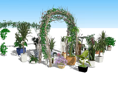 Decorative Potted Plants With Vine Arch And Various Green Plant Arrangements 3d model