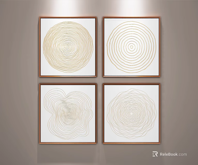 Four Decorative Paintings With Golden Line Patterns In Brown Frames On Grey Wall 3d model