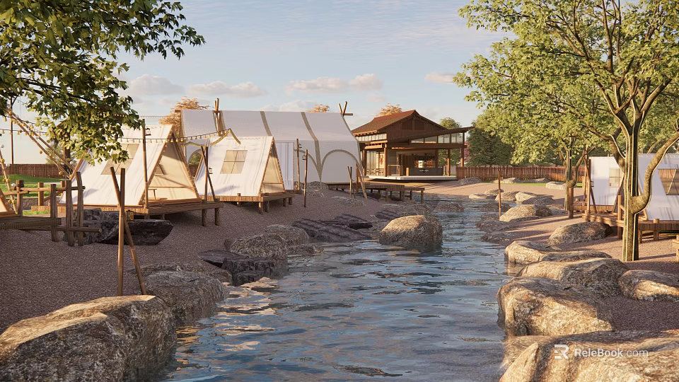 Scenic Camping Site With Luxury Tents Alongside Natural Stream And Green Trees 3d model 