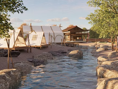 Scenic Camping Site With Luxury Tents Alongside Natural Stream And Green Trees 3d model