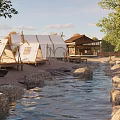 Scenic Camping Site With Luxury Tents Alongside Natural Stream And Green Trees