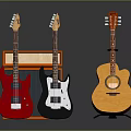 Musical Instruments Collection With Red Black Electric Guitars Yellow Acoustic Guitar And Orange Amplifier