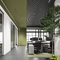 Modern Public Office Area With Open Design Striped Ceiling Large Tree And Workstations 3d model