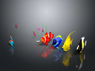 Colorful Fish in Various Colors Swimming Underwater with Reflection on Gray Background 3d model