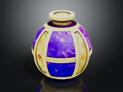Decorative Spherical Vase With Purple Yellow Floral Patterns And Top Lid Design 3d model