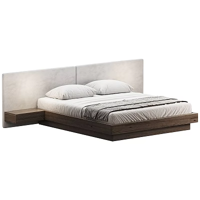 Modern Double Bed With Light Colored Headboard Dark Wooden Frame And Striped Bedding 3d model
