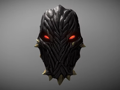 3D Rendered Black Helmet Design With Red Glowing Eyes And Spiked Decorations 3d model