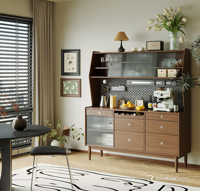Modern Cozy Sideboard With Glass Doors Drawers Coffee Machine And Table Lamp In Dining Area 3d model 