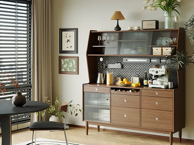 Modern Cozy Sideboard With Glass Doors Drawers Coffee Machine And Table Lamp In Dining Area 3d model