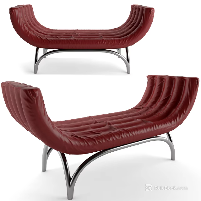 Red Leather Footstool With Modern Curved Design And Metal Frame 3d model 