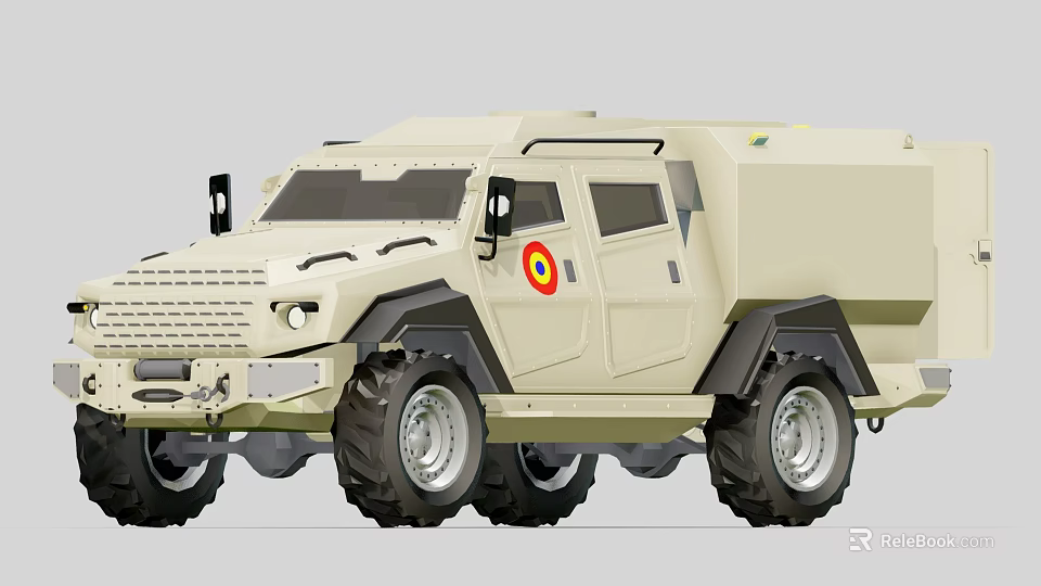 Sand Colored Armored Military Vehicle With Tactical Design And Round Emblem 3d model 