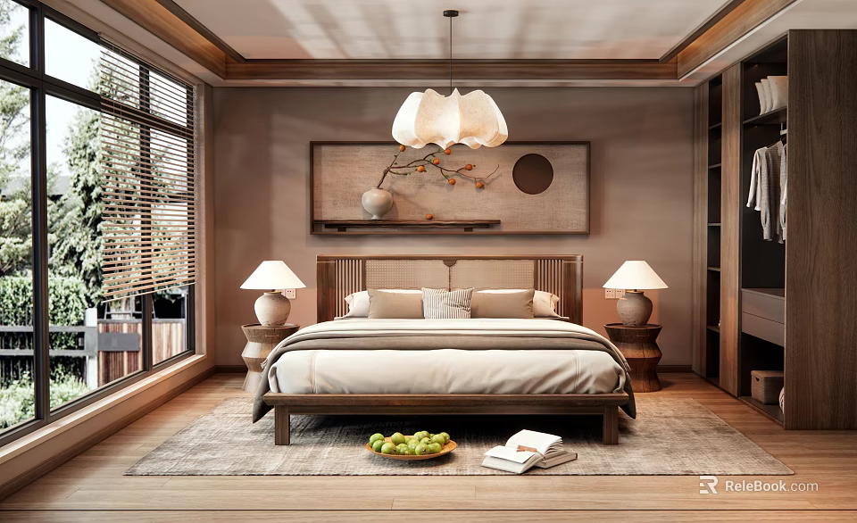 Modern Bedroom Interior Design With Wooden Bed Decorative Painting Chandelier And Table Lamps 3d model 