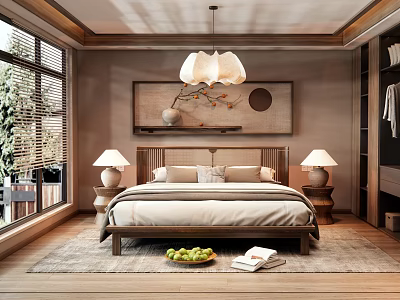 Modern Bedroom Interior Design With Wooden Bed Decorative Painting Chandelier And Table Lamps 3d model