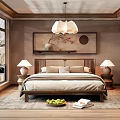 Modern Bedroom Interior Design With Wooden Bed Decorative Painting Chandelier And Table Lamps