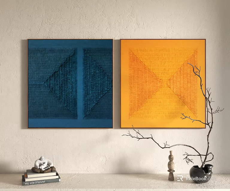 Two Square Paintings Blue Yellow Geometric Patterns on Wall with Decorative Branch and Items 3d model